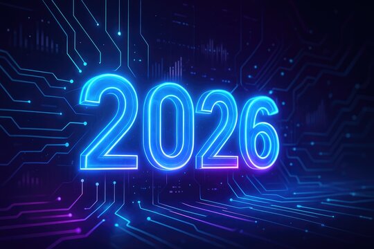 Neon blue and pink 2026 numbers glowing on a dark digital circuit board background year - Powered by Adobe