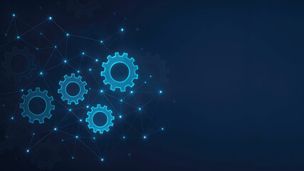 Network of Glowing Blue Gears and Connected Nodes on Dark Blue Background cogwheels connection