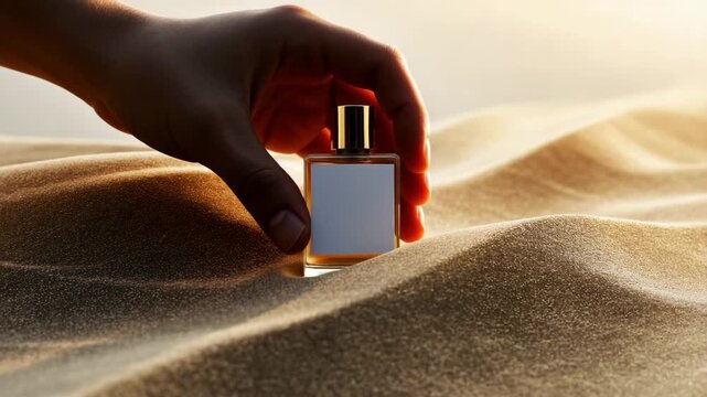 Luxury perfume bottle mockup on golden sand dunes with sunlight reflection for elegant cosmetic branding concept