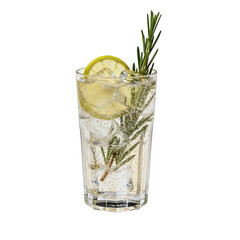 Tall glass of sparkling drink with lime and rosemary isolated on a transparent background