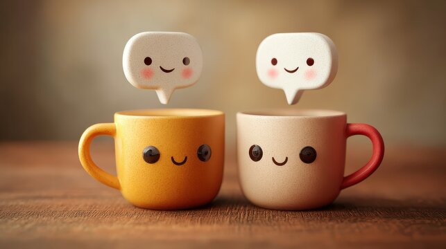 smiling coffee cups with speech bubbles above them on a wooden surface with warm abstract background in friendly communication concept