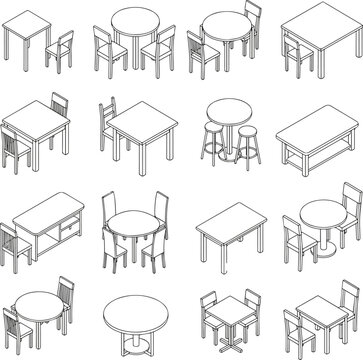 Isolated a kinds of deferent isometric table, chair line vector line vector art with white background.