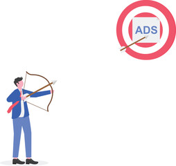Businessman standing near target board with arrow and note paper labeled ADS illustration of precise digital marketing implementation
