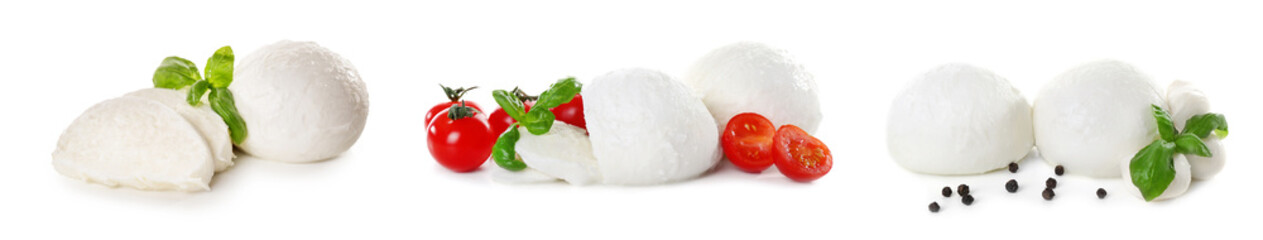 Set of tasty Mozzarella cheese with tomatoes and basil on white background