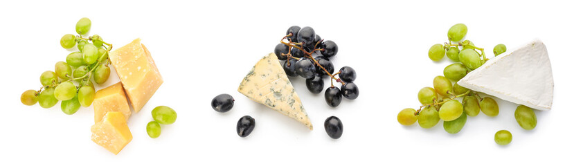 Collage of tasty cheese with grapes on white background, top view