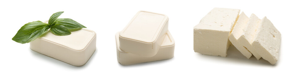 Collage of tasty soft cheese on white background