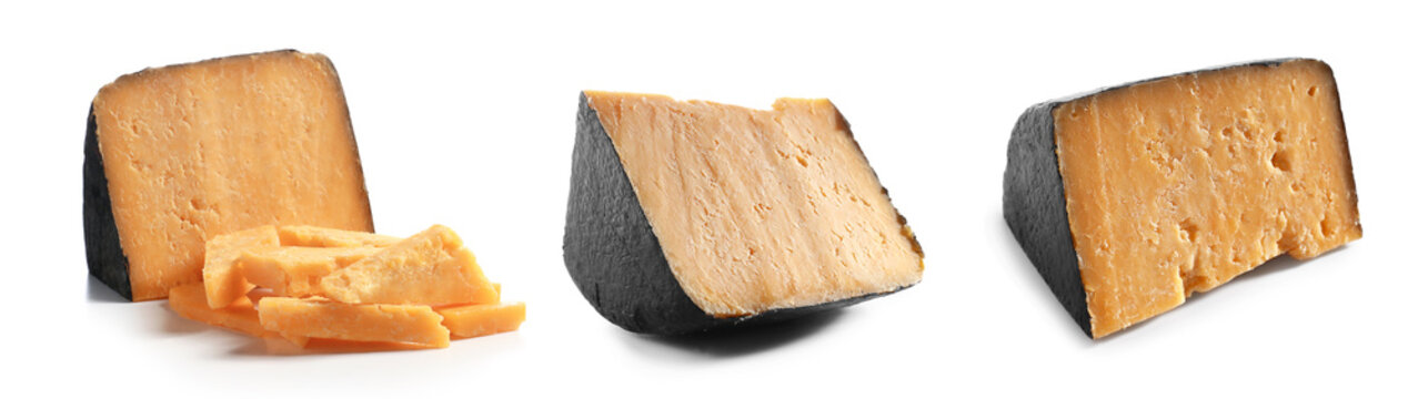 Collage of tasty old cheese on white background