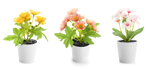 Collage of fake plants in pots on white background