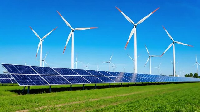 Rows of solar panels and a wind farm producing clean, sustainable electricity on a sunny day with a blue sky