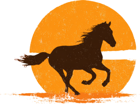 Silhouette of a Galloping Horse Against an Orange Sunset, Stylized Graphic
