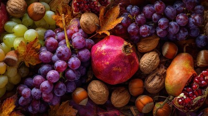 Fototapeta premium assortment of fruitsgrapes and nutsautumn fruitsautumn seasonal harvest no logos no brands ar 169