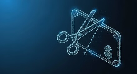 Digital wireframe scissors cutting a glowing blue coupon