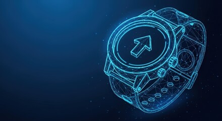 Digital wireframe smartwatch with a glowing upgrade arrow