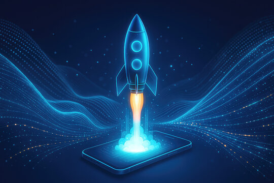 Rocket launching from smartphone screen with futuristic digital wave background mobile - Powered by Adobe