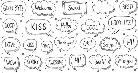 Speech Bubbles Set with Messages, Greetings, and Emotions on Transparent Background