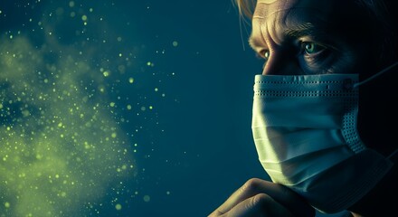 Man wearing face mask, looking to the side, with a green and blue background