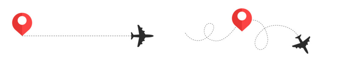 Airplane dotted route line. Path travel line shape. Flight route with start point and dash line trace for plane isolated vector illustration