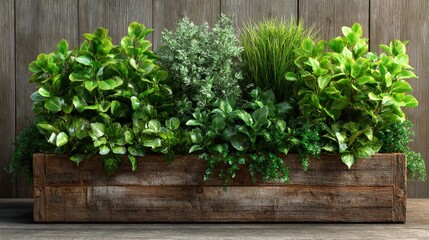 lush greenery in a rustic wooden planter box