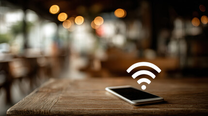 Analyzing wireless signal bars on blurred smartphone at table modern tech concept in cozy environment