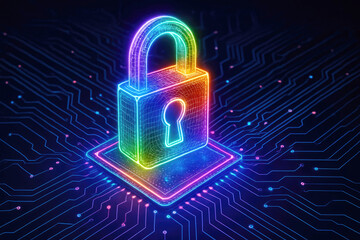 Wireframe neon padlock on a CPU chip with glowing circuit board and rainbow lights security safety