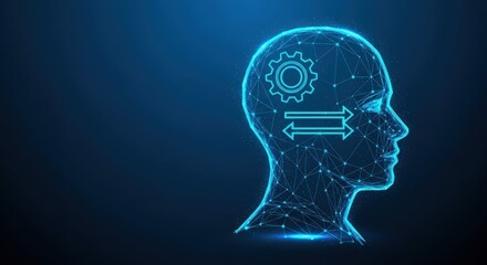 Glowing AI head with gear and arrows for data processing
