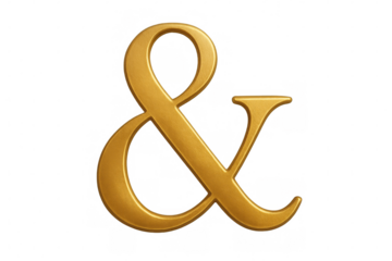 Golden ampersand symbol shining, representing connection, addition, and elegance on transparent background