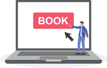 Businessman holding cursor pointing at BOOK button on marketplace app illustration of booking vendor for business project completion
