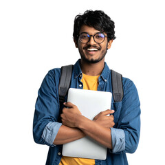 Smiling young man with backpack holding a laptop, against a black background