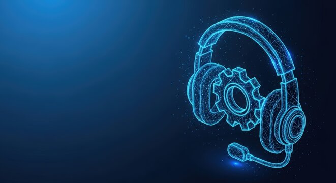 Glowing blue digital headset and gear icon for tech support