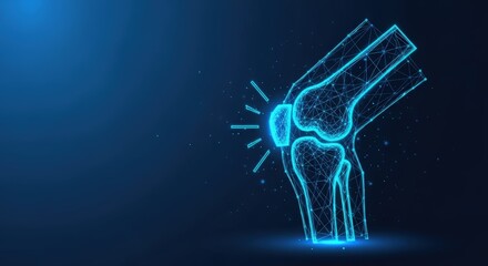 Glowing blue digital wireframe of a painful human knee joint