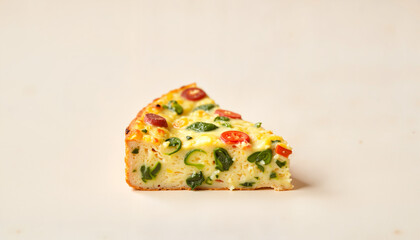 Slice of savory vegetable pizza with tomatoes and herbs on background  