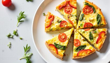 Sliced vegetable pizza with tomatoes and herbs on white plate  