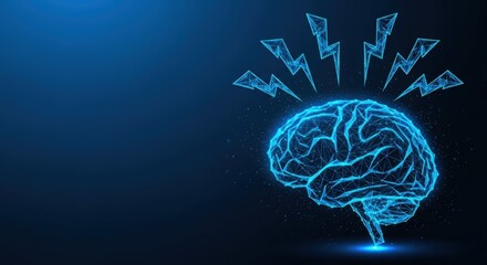 Glowing blue polygonal brain with lightning bolts