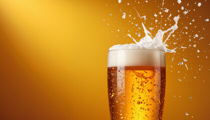 Beer splash in glass with frothy head on golden background  