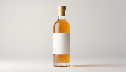 Glass bottle with amber liquid and blank label on white background  