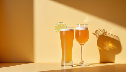 Two glasses of beer with lime slice on yellow background  