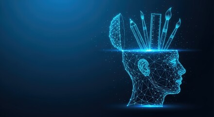 Glowing blue wireframe head full of creative and educational tools