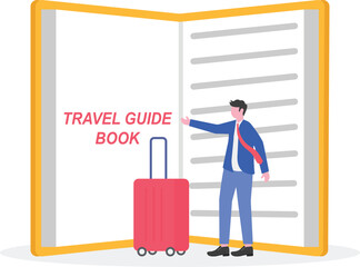 Young man with hat carrying travel suitcase standing near guidebook and passport illustration for World Tourism Day celebration
