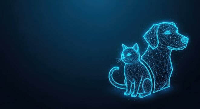 Glowing blue wireframe illustration of a cat and dog
