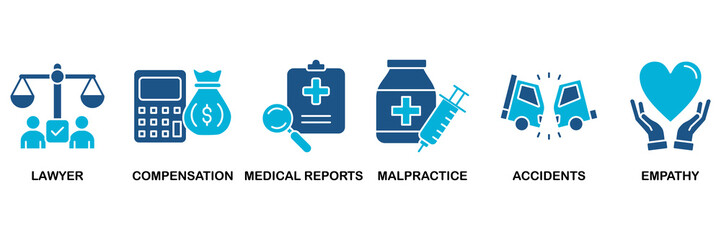 Personal injury law icon set vector illustration concept for lawyer, compensation, medical reports, malpractice, accidents and empathy