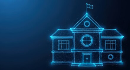 Glowing blue wireframe outline of a traditional school building