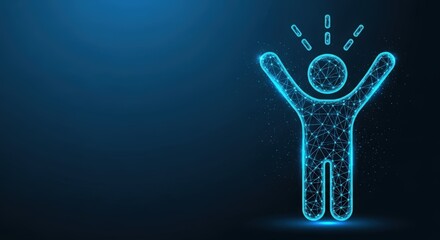 Glowing Digital Figure Celebrating Success with Arms Raised