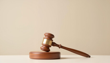 Wooden gavel resting on round block in minimalist setting  