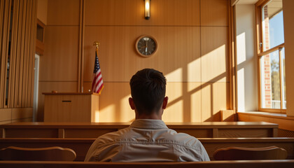 Man sitting in courtroom facing front with wooden paneling and clock  