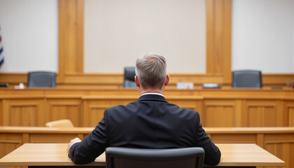 Man sitting at courtroom table in professional attire, waiting  