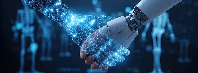 Digital connection of human and robotic hands, overlaid with data network