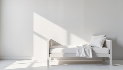 Minimalist white bed with pillows and blanket in sunlit room  