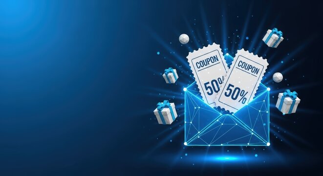 Glowing Digital Envelope with 50 Percent Discount Coupons - Powered by Adobe
