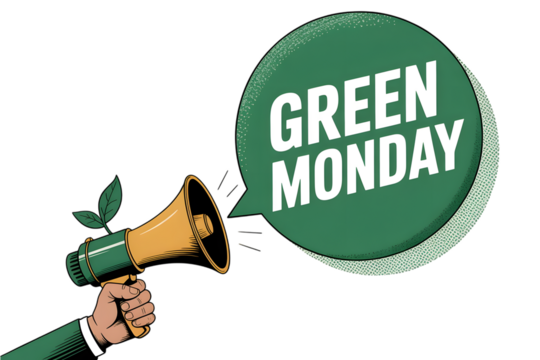 Green monday announcement with megaphone and plant isolated on transparent background