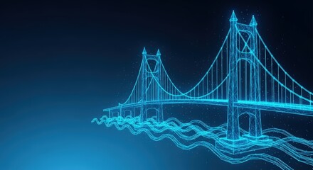Obraz premium Glowing wireframe suspension bridge over digital water